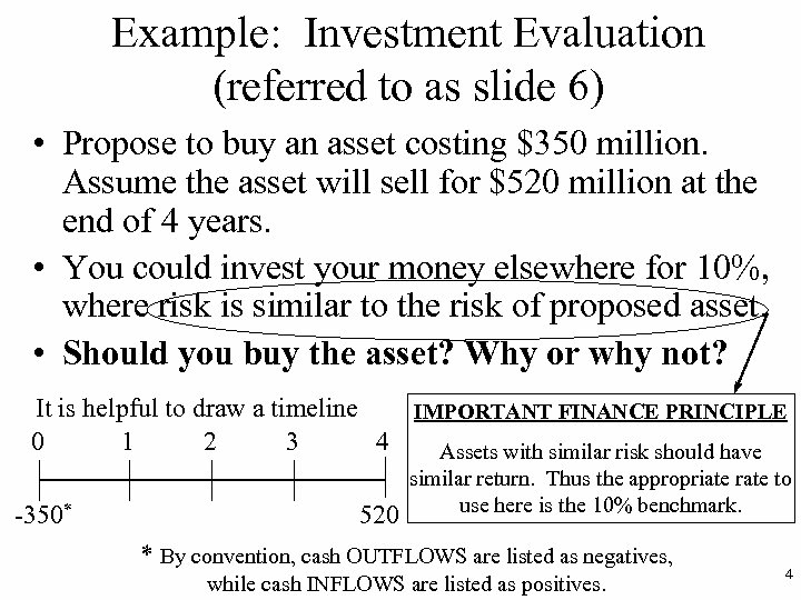 Example: Investment Evaluation (referred to as slide 6) • Propose to buy an asset