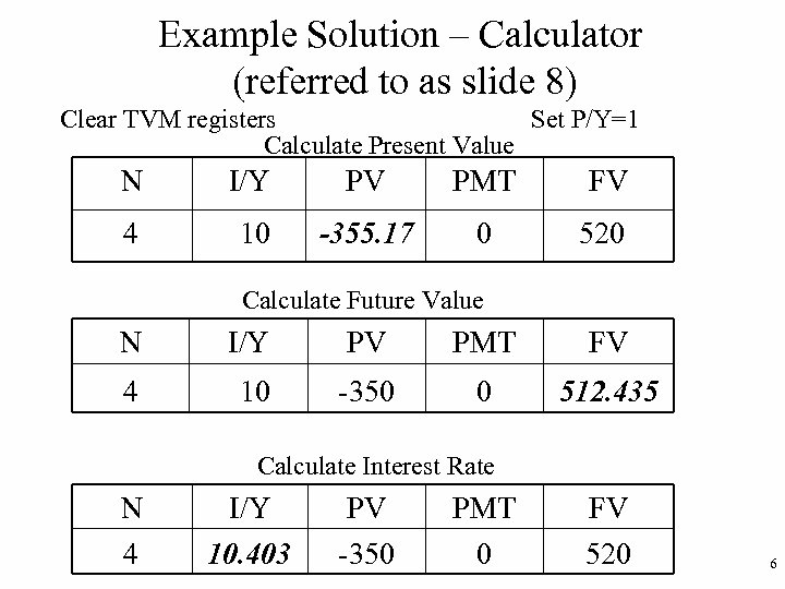 Example Solution – Calculator (referred to as slide 8) Clear TVM registers Set P/Y=1