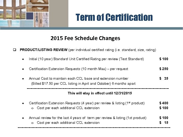 Term of Certification 2015 Fee Schedule Changes q PRODUCT/LISTING REVIEW (per individual certified rating