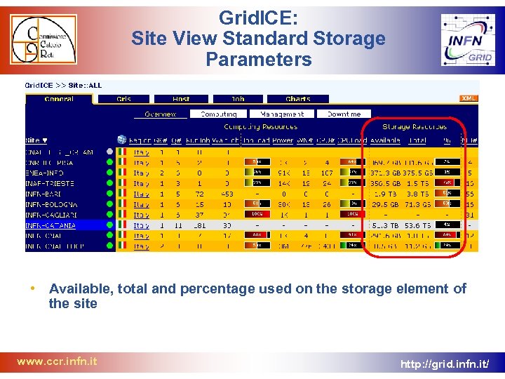 Grid. ICE: Site View Standard Storage Parameters • Available, total and percentage used on