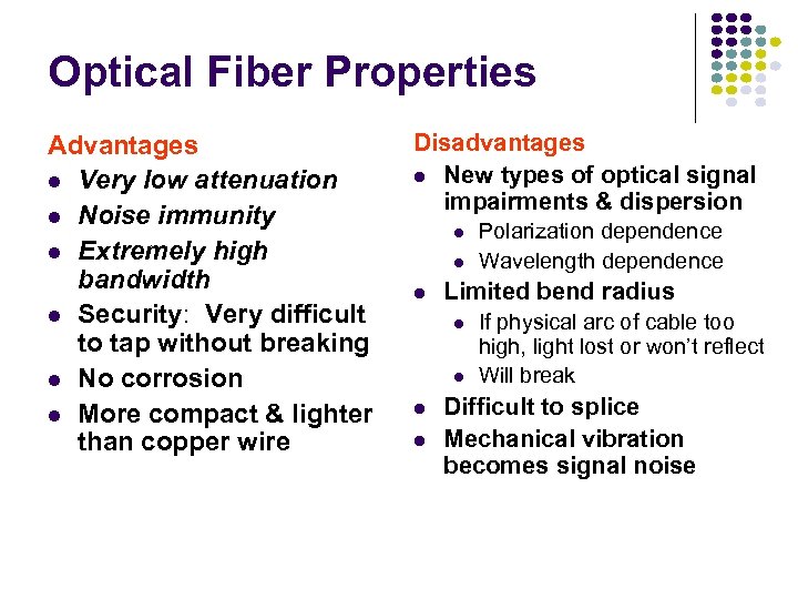 Optical Fiber Properties Advantages l Very low attenuation l Noise immunity l Extremely high