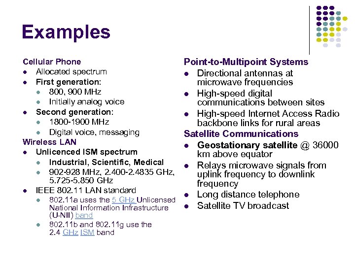 Examples Point-to-Multipoint Systems l Directional antennas at microwave frequencies l High-speed digital communications between
