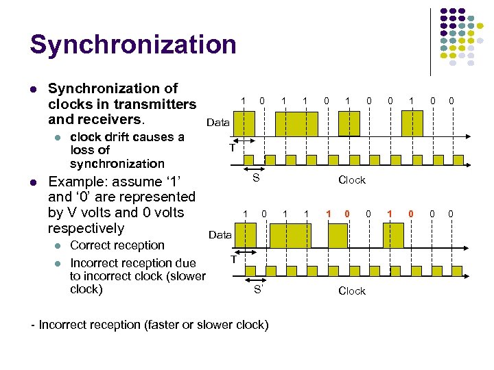 Synchronization l Synchronization of clocks in transmitters and receivers. l l clock drift causes