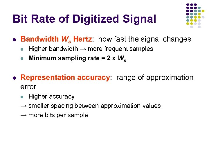 Bit Rate of Digitized Signal l Bandwidth Ws Hertz: how fast the signal changes