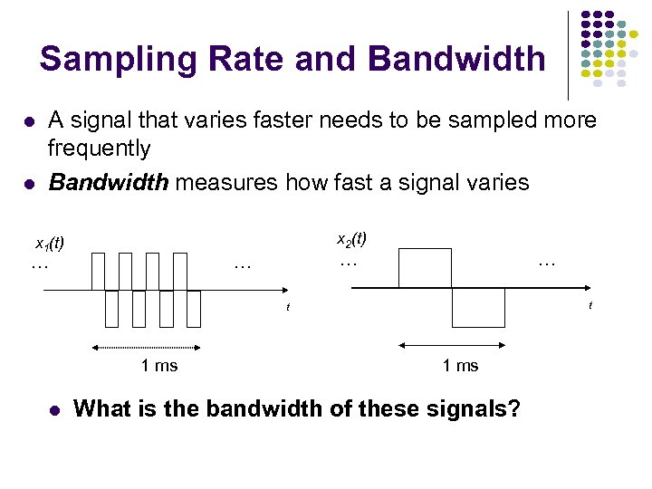 Sampling Rate and Bandwidth l l A signal that varies faster needs to be
