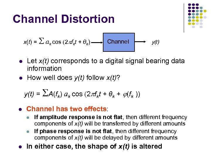 Channel Distortion x(t) = l l ak cos (2 fkt + θk) Channel y(t)