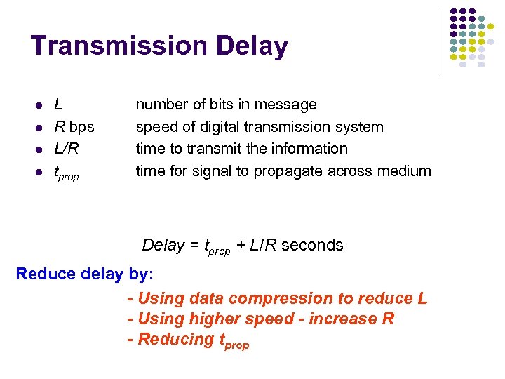 Transmission Delay l l L R bps L/R tprop number of bits in message