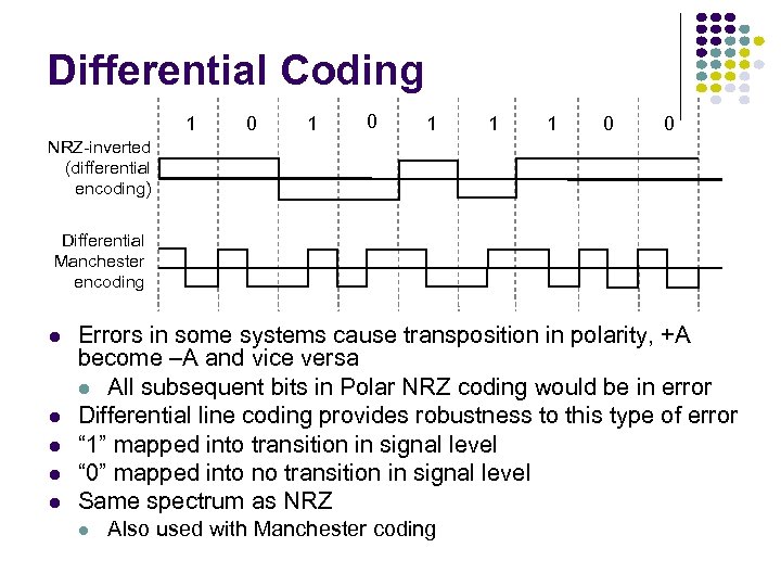 Differential Coding 1 0 1 1 1 0 0 NRZ-inverted (differential encoding) Differential Manchester
