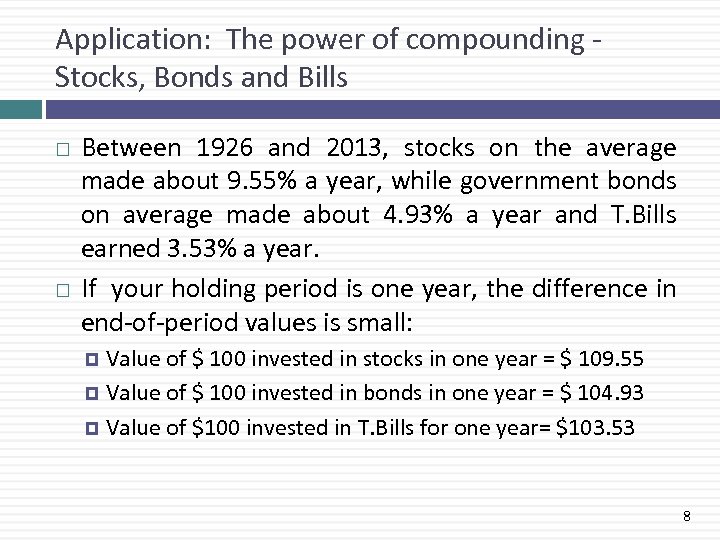Application: The power of compounding Stocks, Bonds and Bills Between 1926 and 2013, stocks