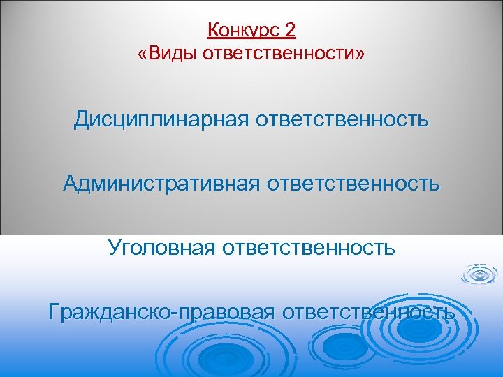 Конкурс 2 «Виды ответственности» Дисциплинарная ответственность Административная ответственность Уголовная ответственность Гражданско-правовая ответственность 