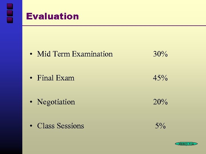 Evaluation • Mid Term Examination 30% • Final Exam 45% • Negotiation 20% •