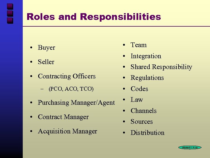 Roles and Responsibilities • Buyer • Seller • Contracting Officers – (PCO, ACO, TCO)