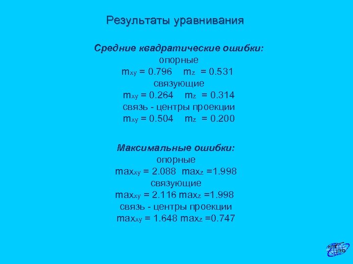 Результаты уравнивания Средние квадратические ошибки: опорные mxy = 0. 796 mz = 0. 531