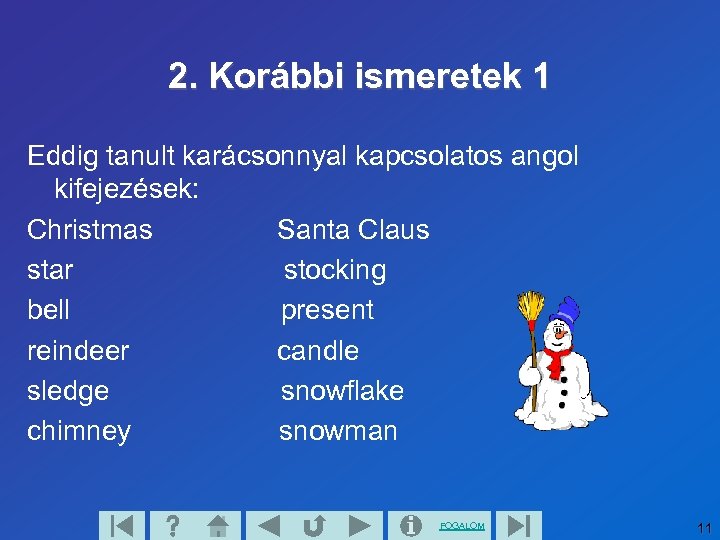 2. Korábbi ismeretek 1 Eddig tanult karácsonnyal kapcsolatos angol kifejezések: Christmas Santa Claus star