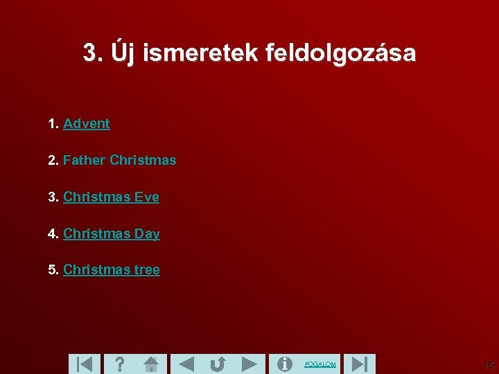 3. Új ismeretek feldolgozása 1. Advent 2. Father Christmas 3. Christmas Eve 4. Christmas