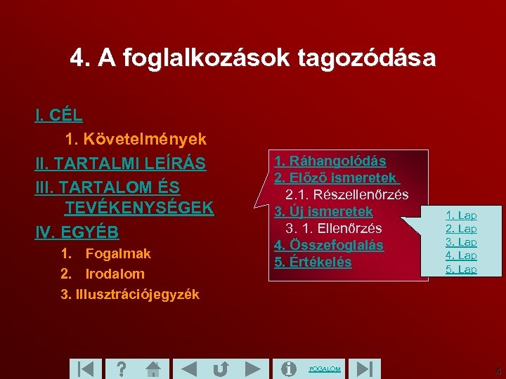 4. A foglalkozások tagozódása I. CÉL 1. Követelmények II. TARTALMI LEÍRÁS III. TARTALOM ÉS