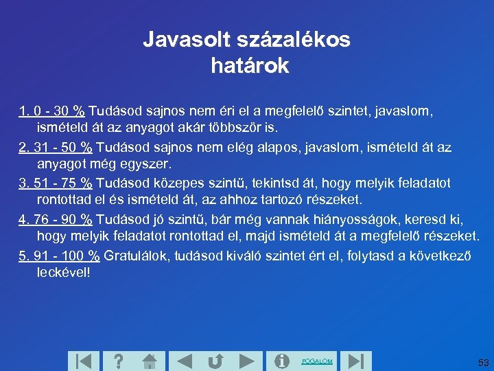 Javasolt százalékos határok 1. 0 - 30 % Tudásod sajnos nem éri el a