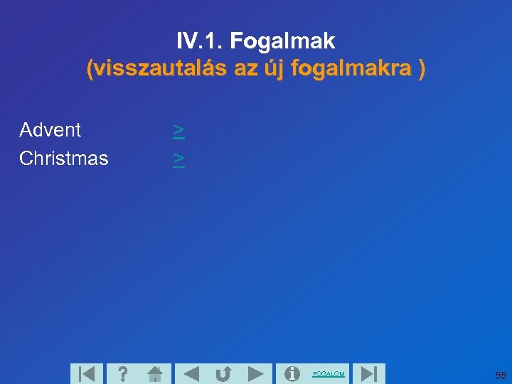 IV. 1. Fogalmak (visszautalás az új fogalmakra ) Advent Christmas > > FOGALOM 55