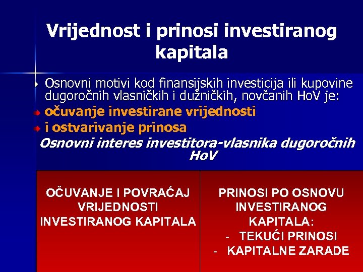 Vrijednost i prinosi investiranog kapitala Osnovni motivi kod finansijskih investicija ili kupovine dugoročnih vlasničkih