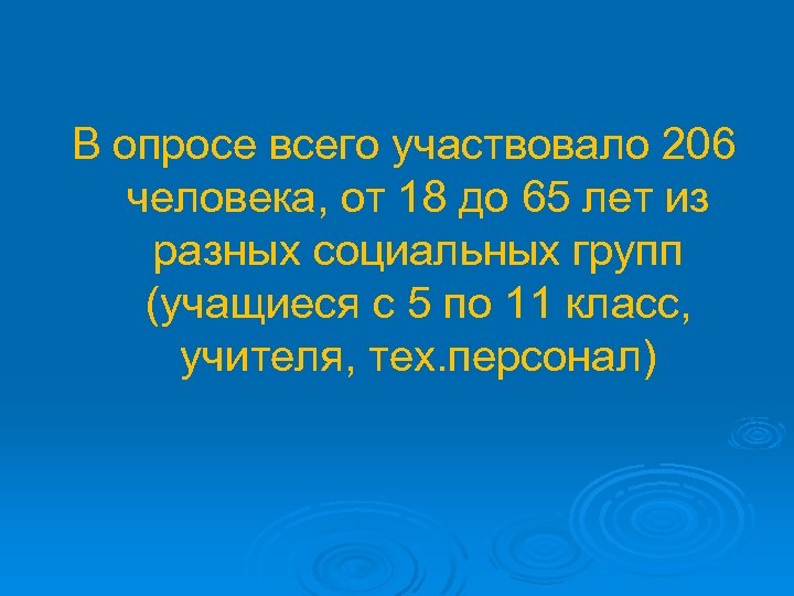 В опросе всего участвовало 206 человека, от 18 до 65 лет из разных социальных