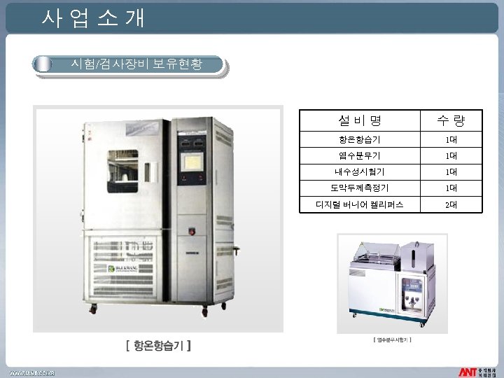 사업소개 시험/검사장비 보유현황 설비명 수량 항온항습기 1대 염수분무기 1대 내수성시험기 1대 도막두께측정기 1대 디지털