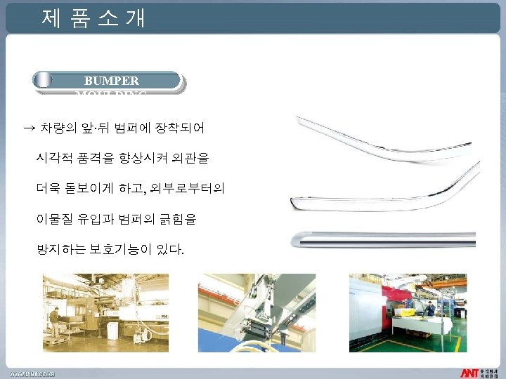 제품소개 BUMPER MOULDING → 차량의 앞·뒤 범퍼에 장착되어 시각적 품격을 향상시켜 외관을 더욱 돋보이게