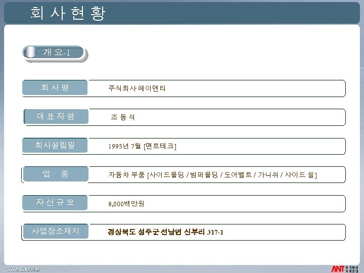 회사현황 개 요-1 회사명 대표자명 회사설립일 업 종 자산규모 사업장소재지 주식회사 에이엔티 조동석 1995년