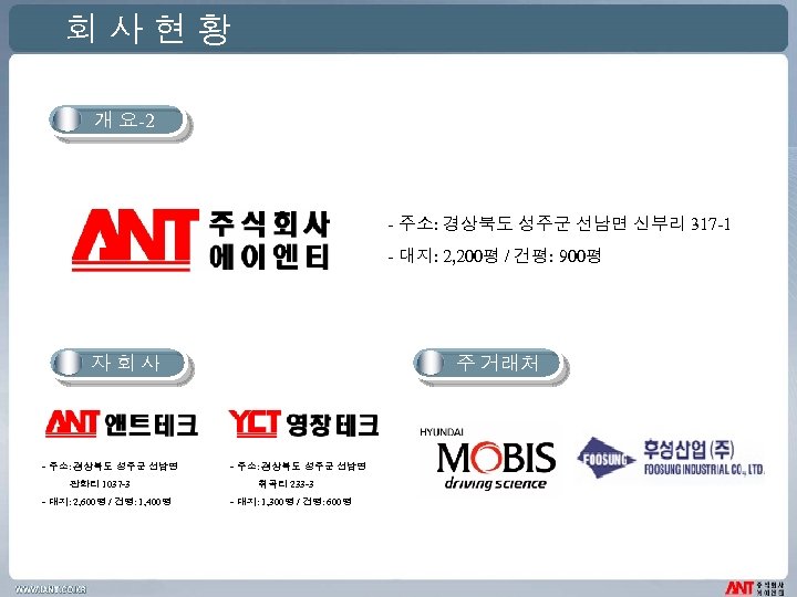 회사현황 개 요-2 - 주소: 경상북도 성주군 선남면 신부리 317 -1 - 대지: 2,