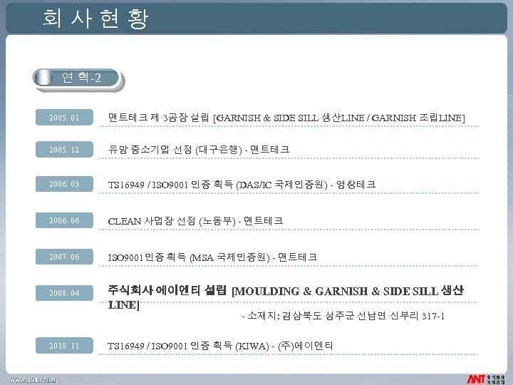 회사현황 연 혁-2 2005. 01 앤트테크 제 3공장 설립 [GARNISH & SIDE SILL 생산LINE