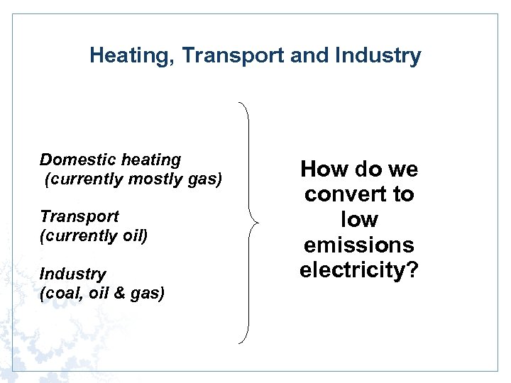 Heating, Transport and Industry Domestic heating (currently mostly gas) Transport (currently oil) Industry (coal,