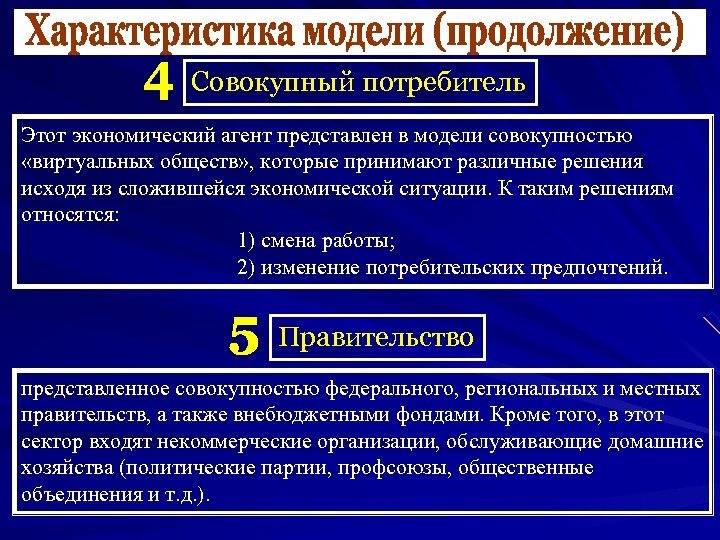 Совокупный потребитель Этот экономический агент представлен в модели совокупностью «виртуальных обществ» , которые принимают