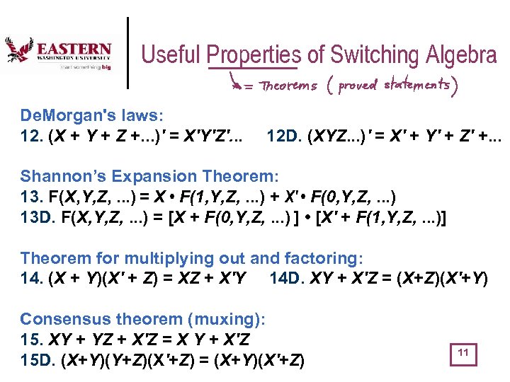 Useful Properties of Switching Algebra De. Morgan's laws: 12. (X + Y + Z