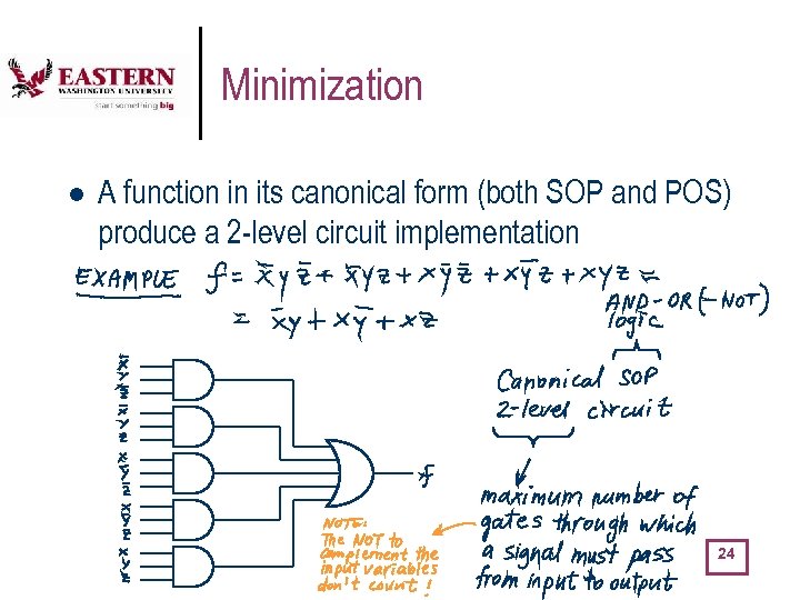 Minimization l A function in its canonical form (both SOP and POS) produce a