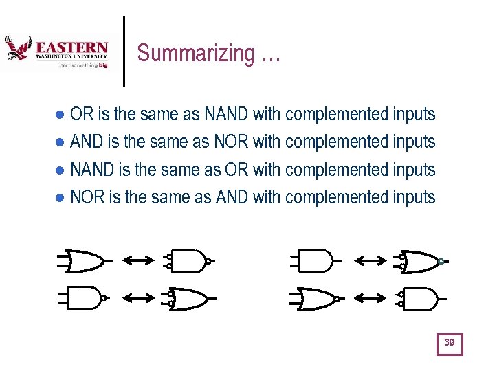 Summarizing … OR is the same as NAND with complemented inputs l AND is