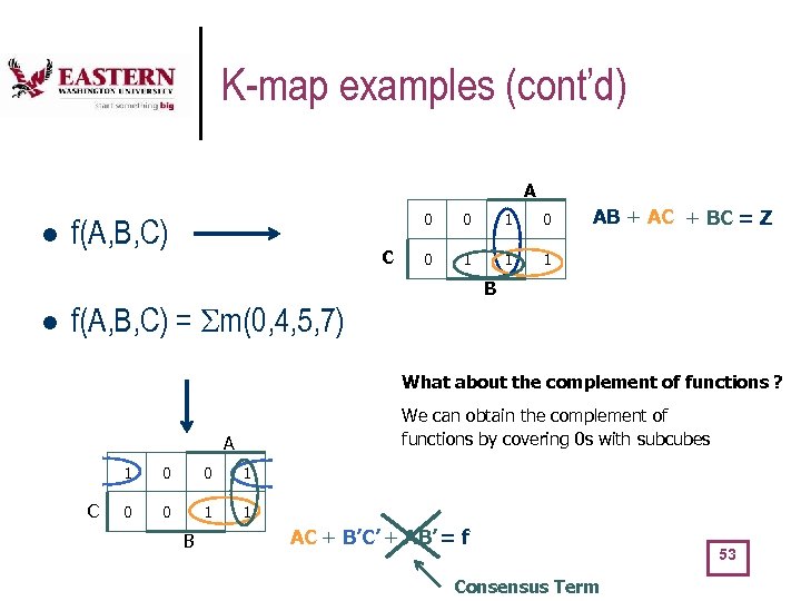 K-map examples (cont’d) A l 0 f(A, B, C) C 0 1 0 0