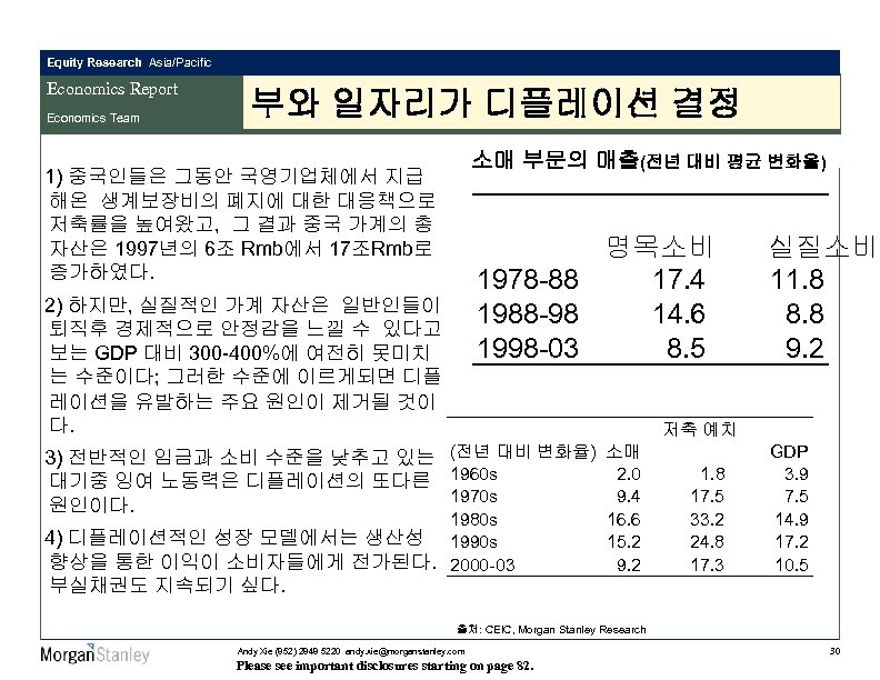 Equity Research Asia/Pacific Economics Report Economics Team 부와 일자리가 디플레이션 결정 소매 부문의 매출(전년