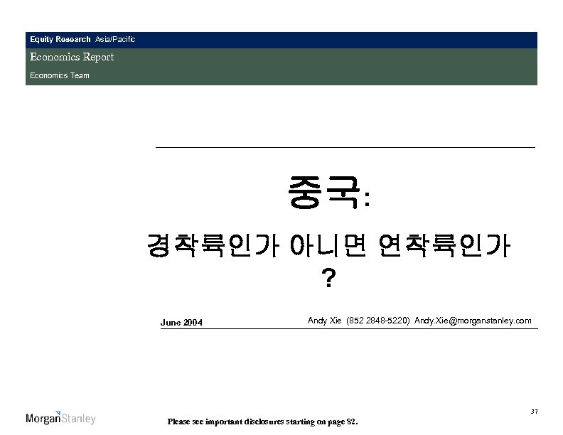 Equity Research Asia/Pacific Economics Report Economics Team 중국: 경착륙인가 아니면 연착륙인가 ? June 2004