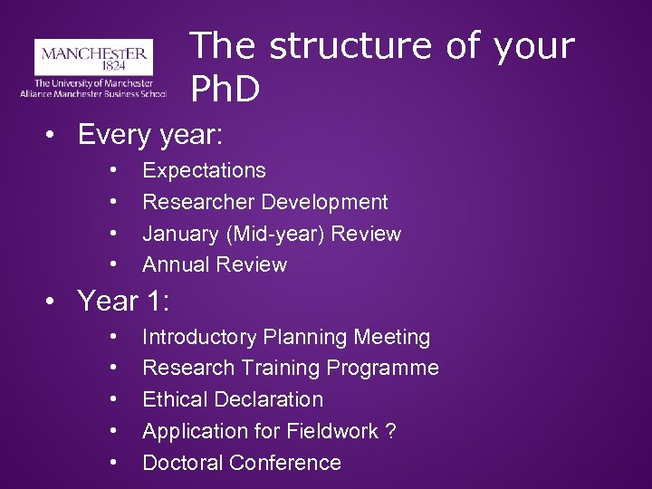 The structure of your Ph. D • Every year: • • Expectations Researcher Development