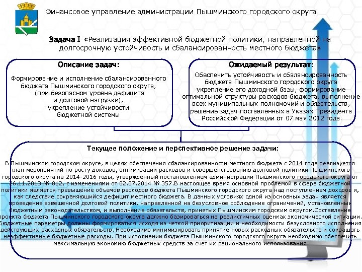 Финансовое управление администрации Пышминского городского округа Задача I «Реализация эффективной бюджетной политики, направленной на