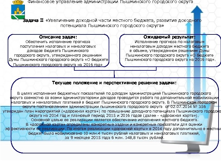 Финансовое управление администрации Пышминского городского округа Задача II «Увеличение доходной части местного бюджета, развитие