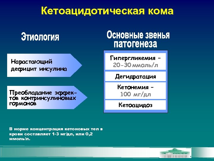 Кетоацидотическая кома Нарастающий дефицит инсулина Преобладание эффектов контринсулиновых гормонов В норме концентрация кетоновых тел