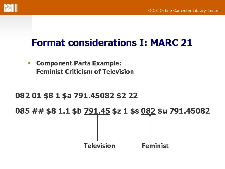 OCLC Online Computer Library Center Format considerations I: MARC 21 § Component Parts Example: