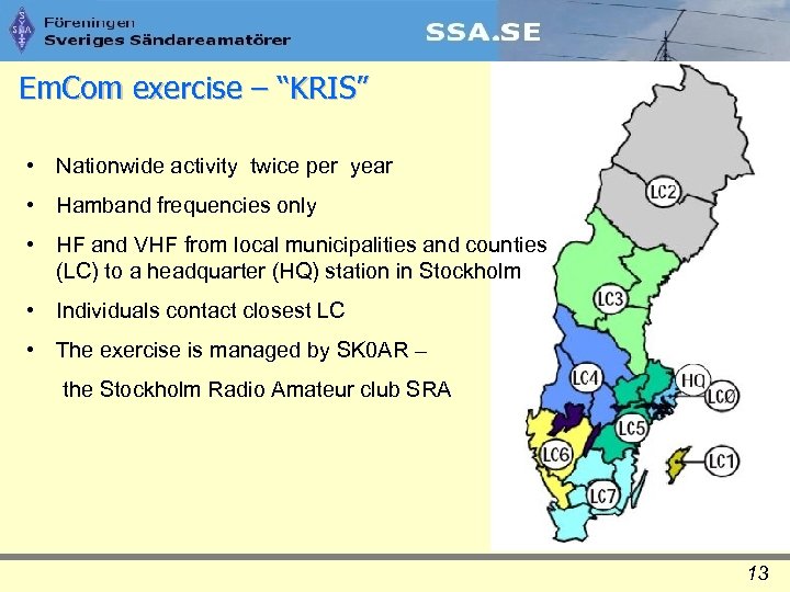 Em. Com exercise – “KRIS” • Nationwide activity twice per year • Hamband frequencies