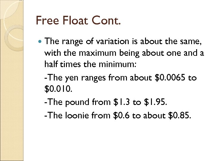 Free Float Cont. The range of variation is about the same, with the maximum