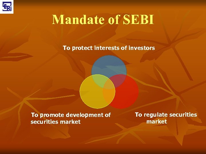 Mandate of SEBI To protect interests of investors To promote development of securities market