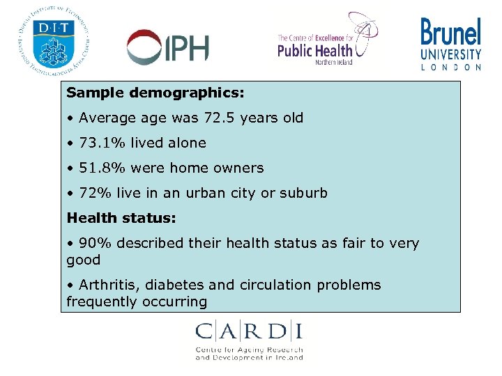 Sample demographics: • Average was 72. 5 years old • 73. 1% lived alone