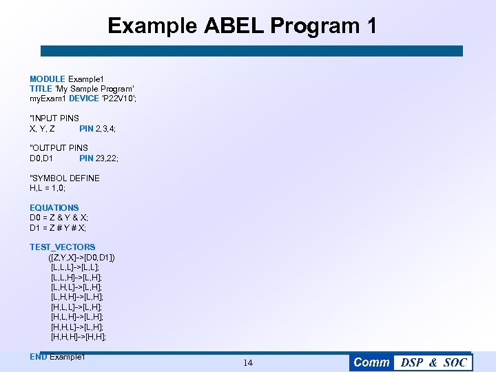 Example ABEL Program 1 MODULE Example 1 TITLE 'My Sample Program' my. Exam 1
