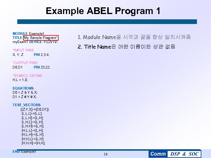 Example ABEL Program 1 MODULE Example 1 TITLE 'My Sample Program' my. Exam 1