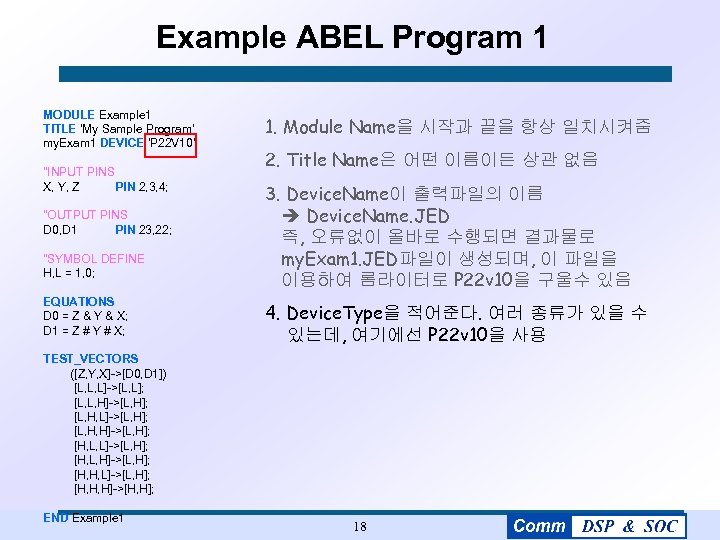 Example ABEL Program 1 MODULE Example 1 TITLE 'My Sample Program' my. Exam 1