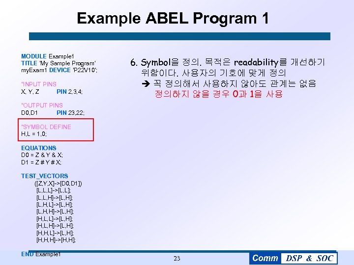 Example ABEL Program 1 MODULE Example 1 TITLE 'My Sample Program' my. Exam 1